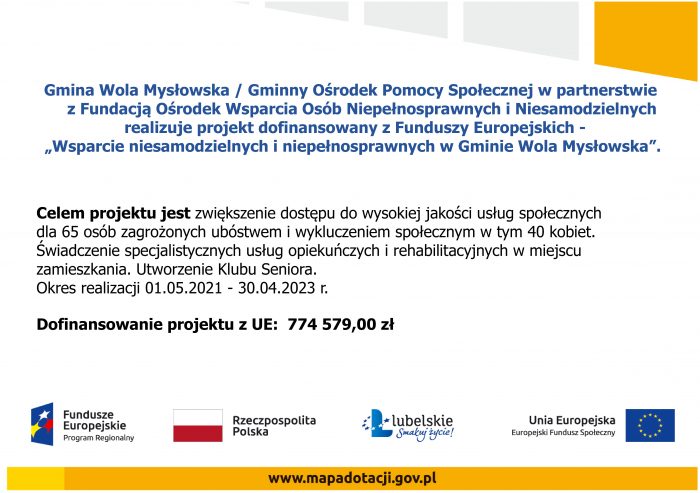Miniaturka artykułu Realizacja projektu: ,,Wsparcie niesamodzielnych i niepełnosprawnych w Gminie Wola Mysłowska”