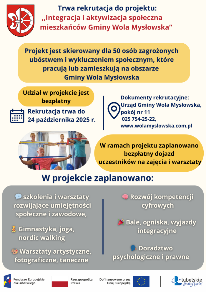 Miniaturka artykułu Ostatni tydzień rekrutacji do projektu „Integracja i aktywizacja społeczna mieszkańców Gminy Wola Mysłowska”!